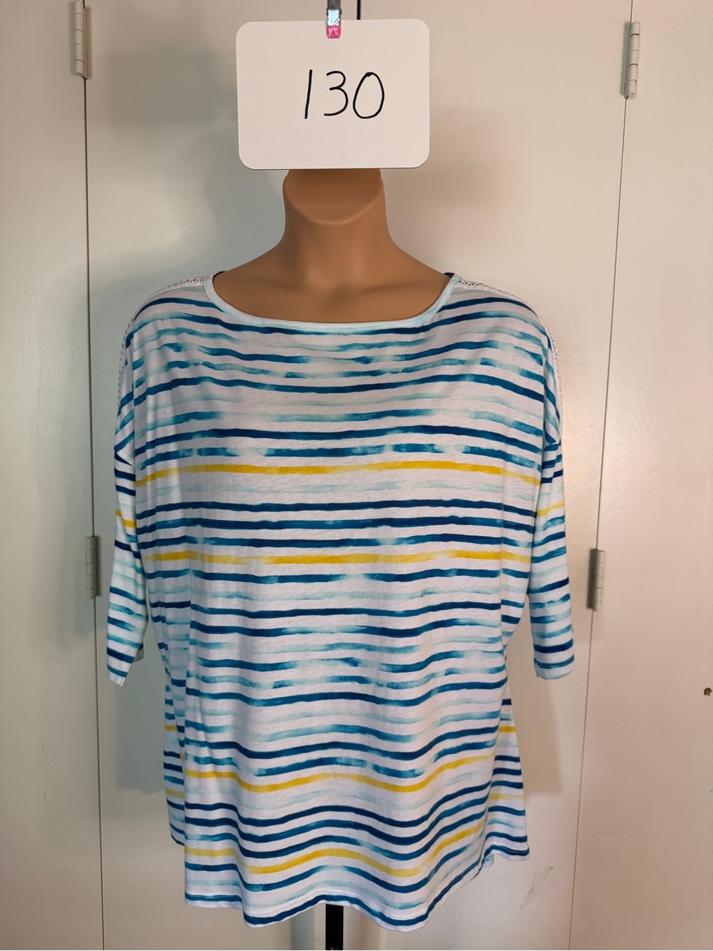 Lane Bryant Striped 3/4 Sleeve Top in White, Blue & Yellow